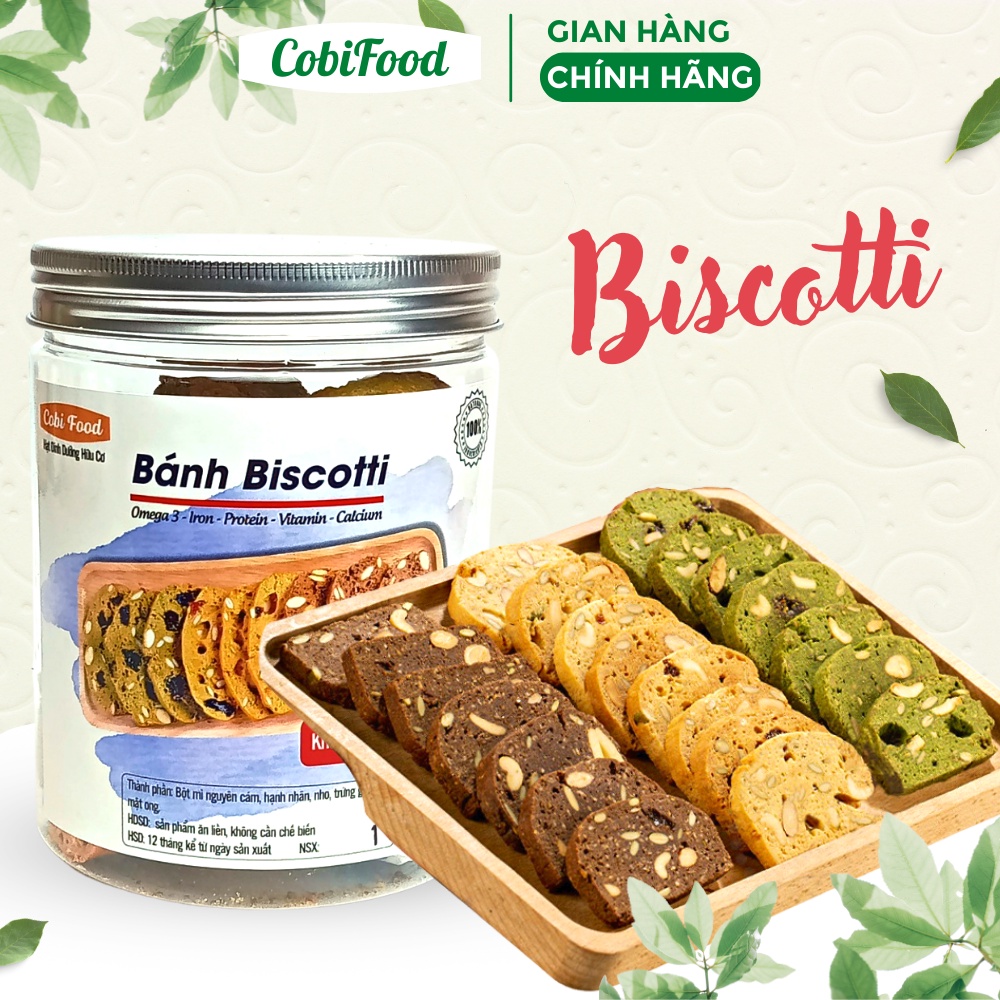 Bánh biscotti nguyên cám không đường mix 3 vị Cobifood 200gram - Bánh giòn thơm không đường dánh cho người ăn kiêng, hea