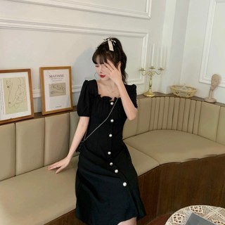 Đầm cổ vuông nút ngọc 2 màu