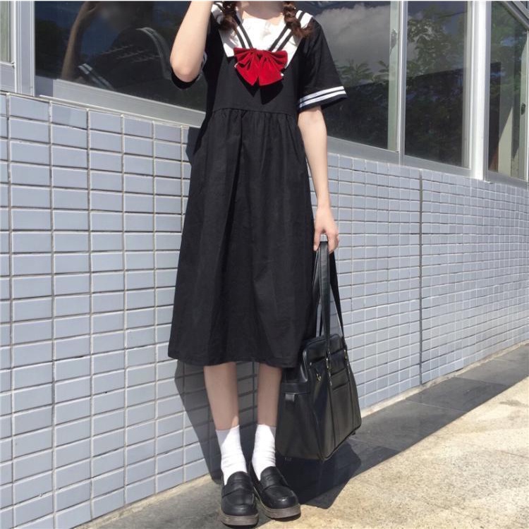 Happy-store ❤️ Chân váy chữ A dài vừa phải, cổ áo màu xanh hải quân, dài tay, ngọt ngào, phù hợp với tất cả các trường đ