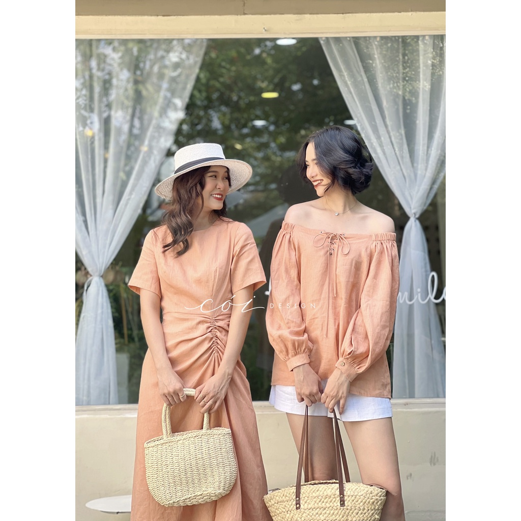 Áo bẹt vai tay phồng Linen Cói Design