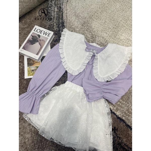 Set áo sơmi cổ sen mix chân váy ren