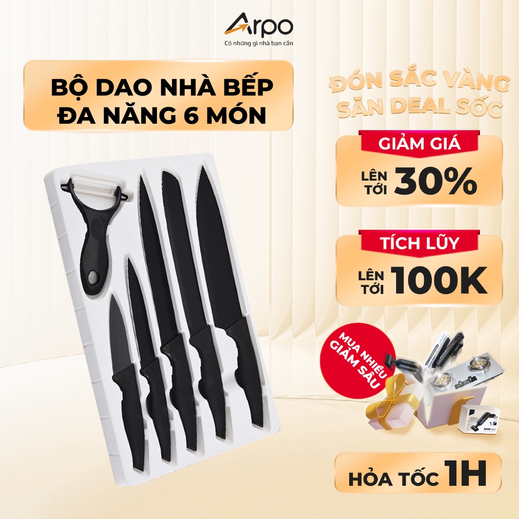 Bộ Dao Làm Bếp 6 Món Phong Cách Hiện Đại Cao Cấp, Chất Liệu Thép 3Cr13 Không Rỉ Sắc Bén, Trọn Bộ Combo Dao Đa Năng