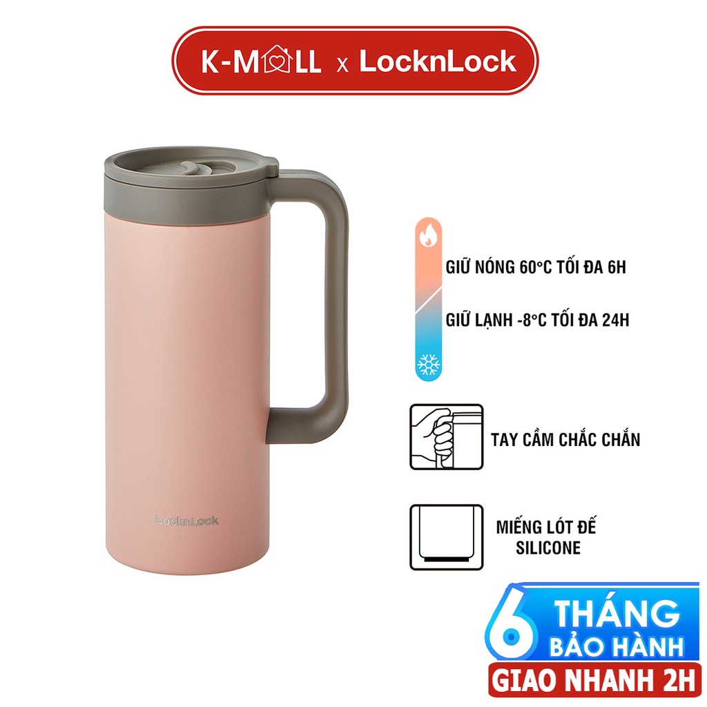 Ly giữ nhiệt LocknLock 473ml có tay cầm miệng ly rộng, đế silicone chống ồn LHC4247 màu hồng - K-MALL