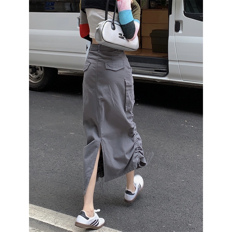 Chân váy chữ A dáng dài EMIX, váy cạp cao túi hộp, rút dây, phong cách cá tính, chất thô 6886