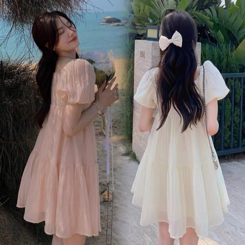 Đầm cổ chữ U dáng babydoll 2 tầng siêu xinh hàng 2 lớp cận chất - hàng có sẵn