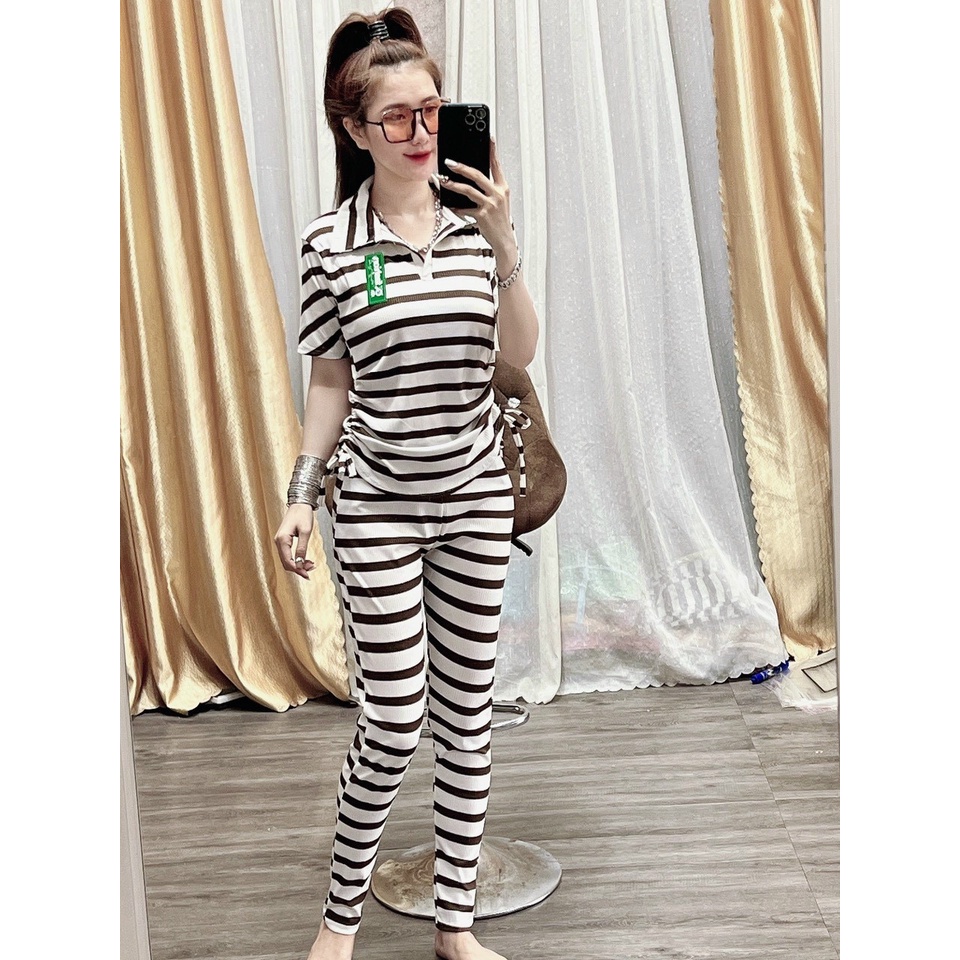 Set Thun Gân Co Giãn Tốt - Dây Rút 2 Bên Áo - Phối Sọc Đơn Giản - SP Y Hình