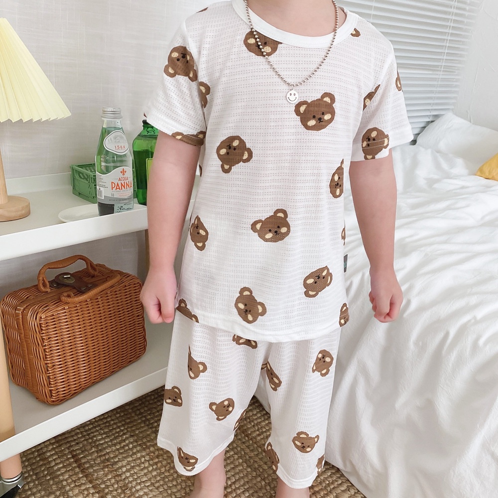 Đồ bộ bé trai bé gái hình gấu nâu vải cotton phong cách Hàn Quốc, Bộ quần áo trẻ em mềm mại thoáng mát