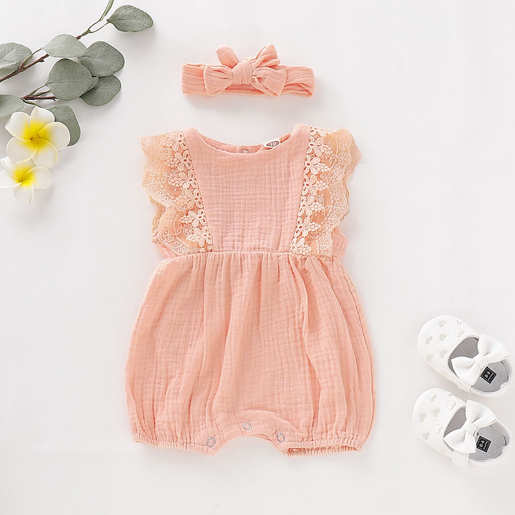 Bộ áo liền quần MIKRDOO chất vải cotton bodysuit tay cánh tiên kèm băng đô xinh xắn thời trang cho bé sơ sinh