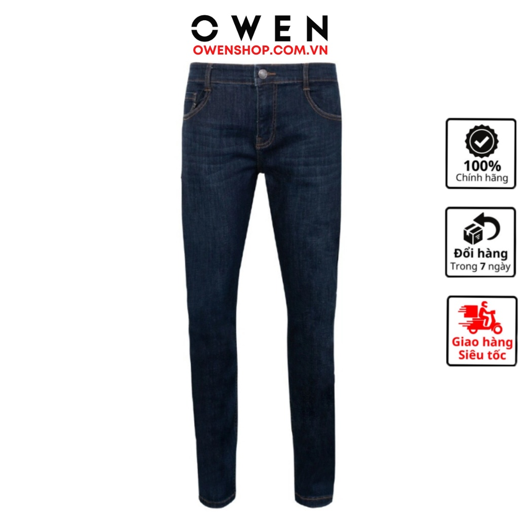Quần jean nam hàng hiệu Owen QJS230147 dáng slim fit ống côn màu xanh đậm trơn vải bò denim cotton cao cấp bền đàn hồi