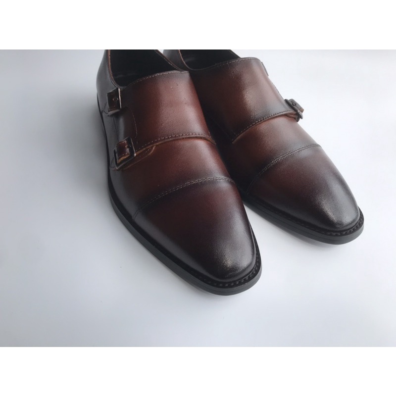 Giày da bò nam monk strap nâu patina