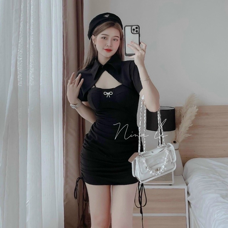 Set đầm 2 dây đen body t dây đính đá hoa kèm khoác crop cutout mẫu