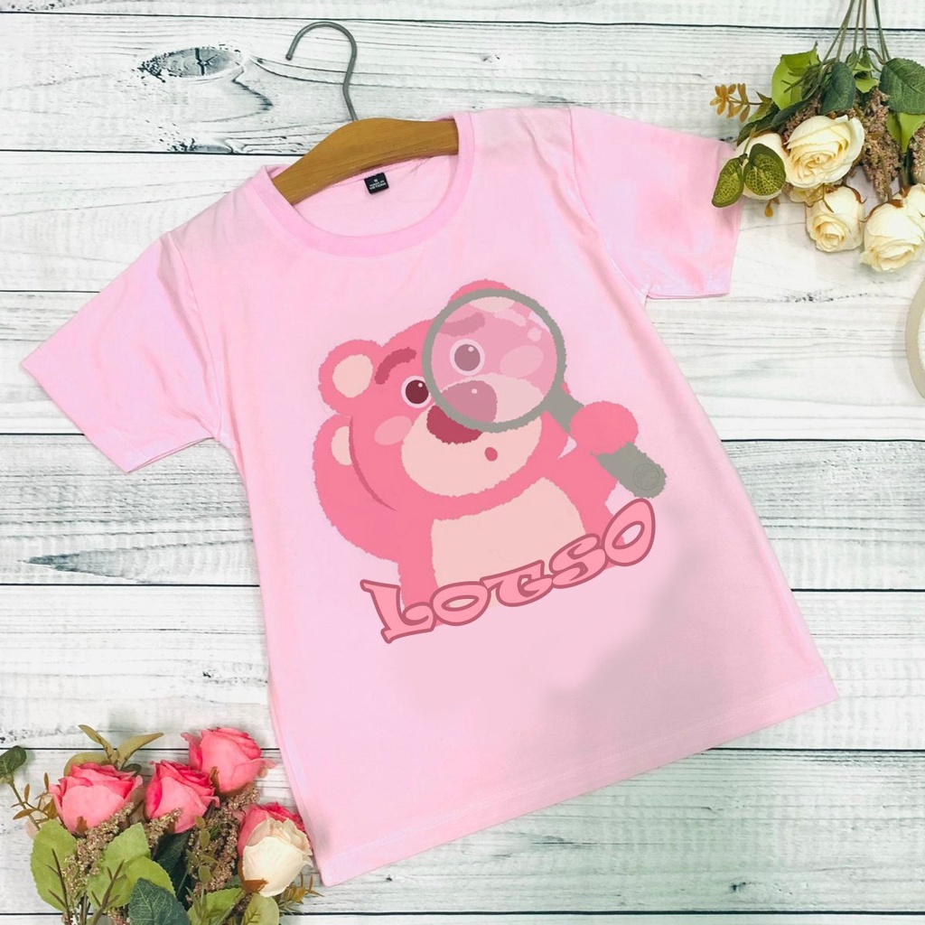 Áo thun hồng cho bé gái hình gấu bông dâu Lotso strawberry bear, áo phông bé trai bé gái cổ tròn mềm mịn size 10 - 60kg