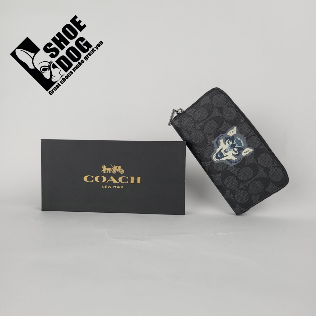Bóp ví dài hàng hiệu nam nữ Coach mono đen Sói Xám