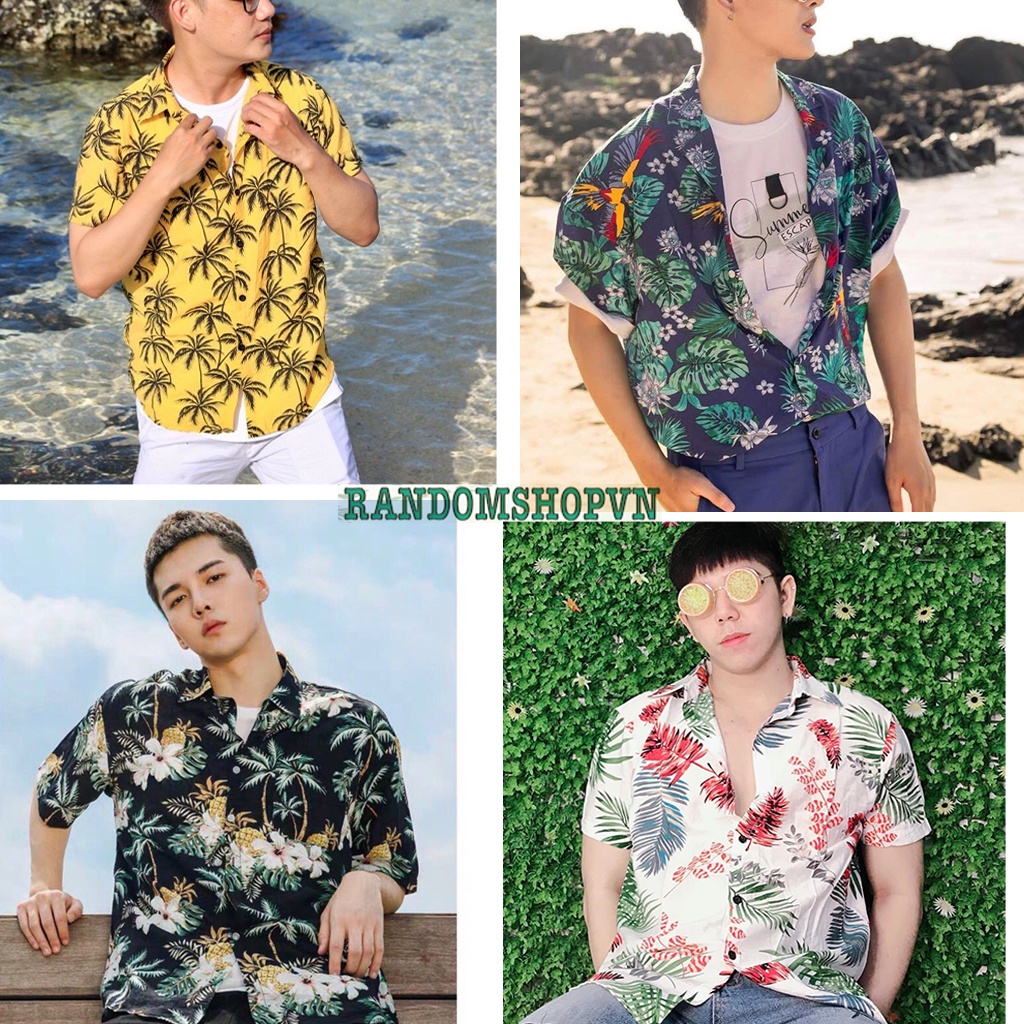 Áo Sơ Mi Đi Biển Vải Đũi Mềm Mát phong cách hawaii họa tiết hoa lá chim cò mặc nhóm đồng phục đi biển áo lớp sơ mi