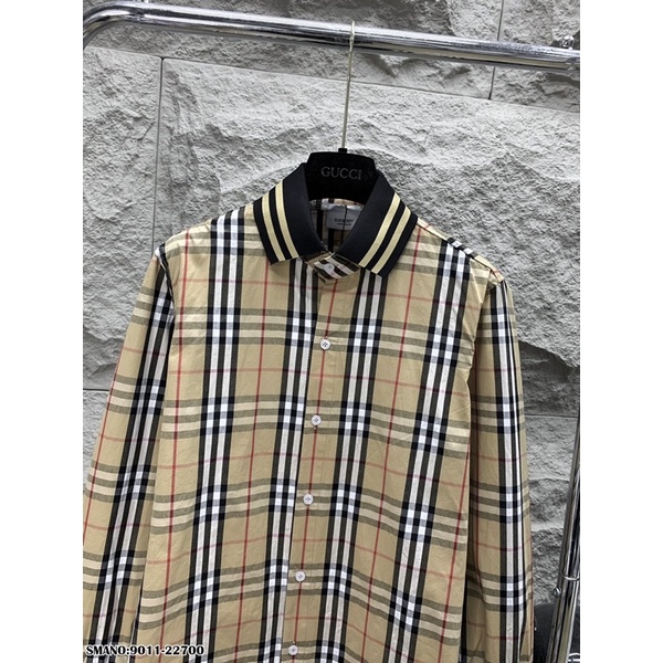 Áo sơ mi kiểu BBR nam nữ dài tay hoạ tiết kẻ sọc màu be phối check cổ và ống tay bo chun dệt sọc đen vàng