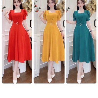 (2hand) Đầm Thiết kế,váy cổ vuông Tay Phồng, đầm dự tiệc sang trọng màu đỏ,vàng xanh ngọc hàng bigsize