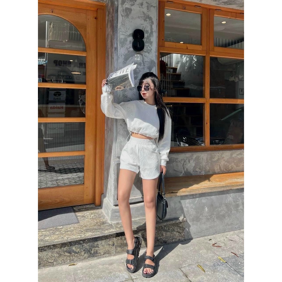 Set đẹp nữ cá tính vải dập xốp nổi in hoa cao cấp hàng bán shop cao cấp, set áo tay dài croptop bo khoe eo
