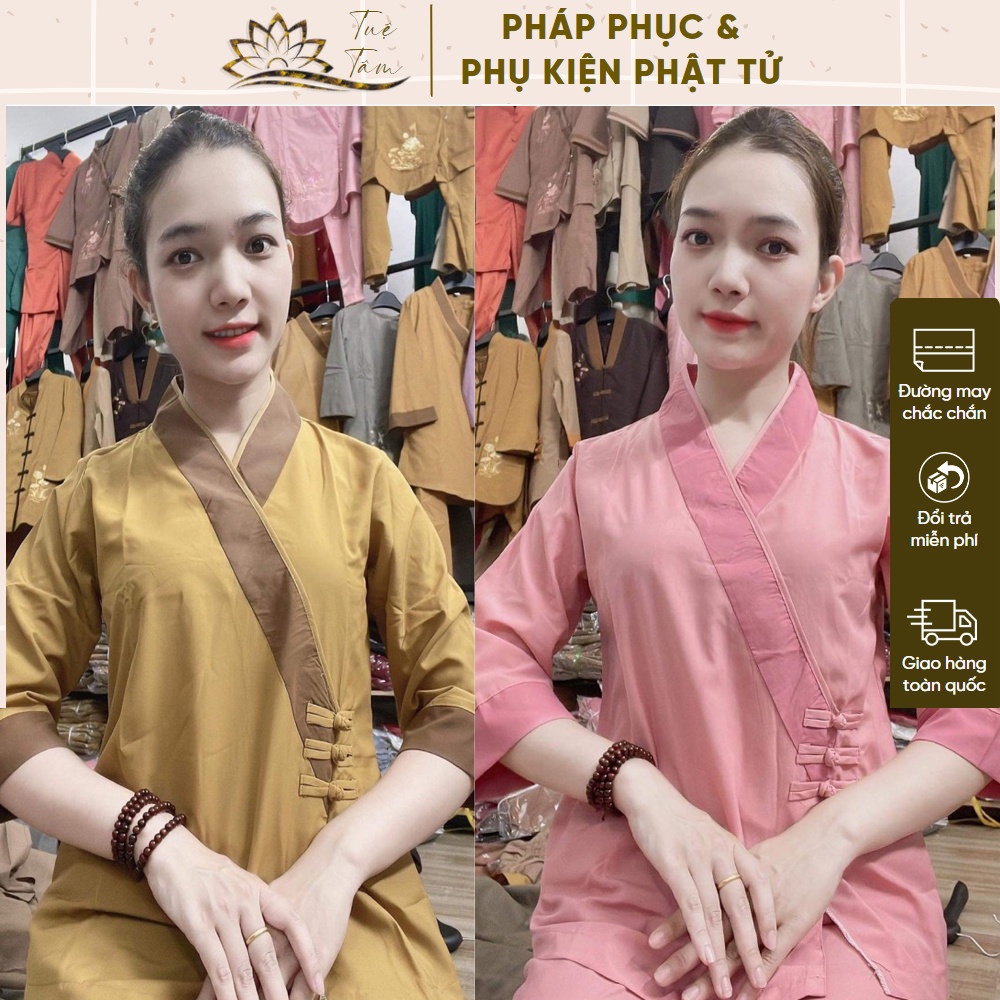 Set đồ lam đi chùa - quần áo Phật tử khuy kết thủ công kết hợp vạt chéo che bụng tinh tế, thêu hoa sen 3d sắc nét, vải k