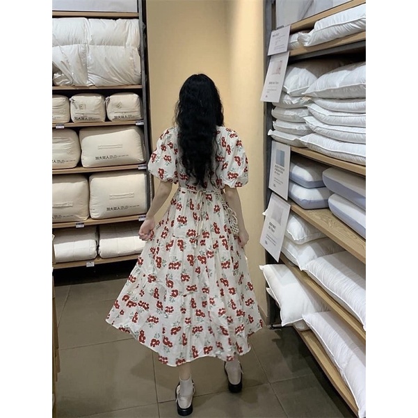 Váy Đầm Nữ Cổ Tim Tay Bồng Hoa Nhí Dáng Dài Babydoll Form Dễ Mặc