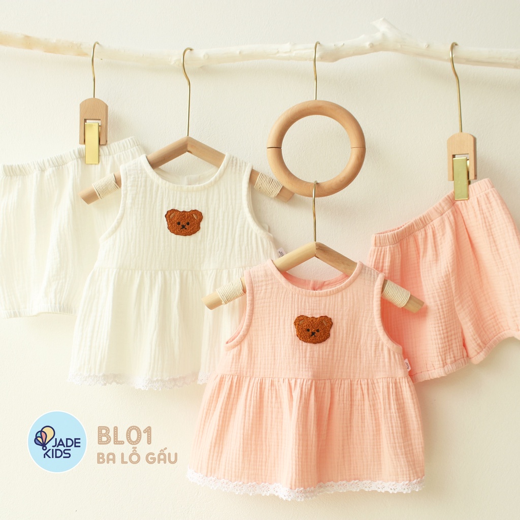 Bộ đồ mùa hè 3 lỗ cho bé gái từ 7-17kg - Chất liệu xô musline mềm mát Jadekids