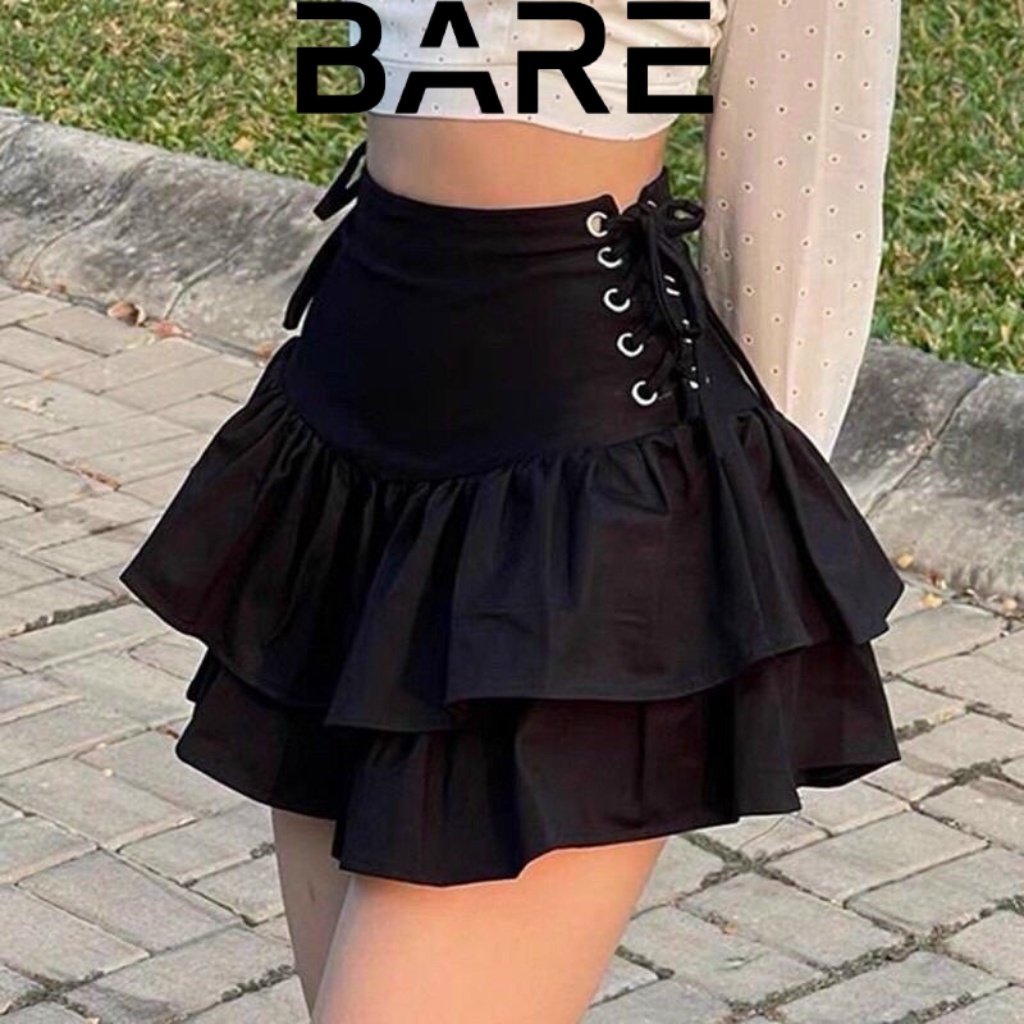 Chân váy nữ ngắn xòe lưng cao 2 tầng thiết kế đan dây hai bên cá tính có may kèm quần trong- CV014
