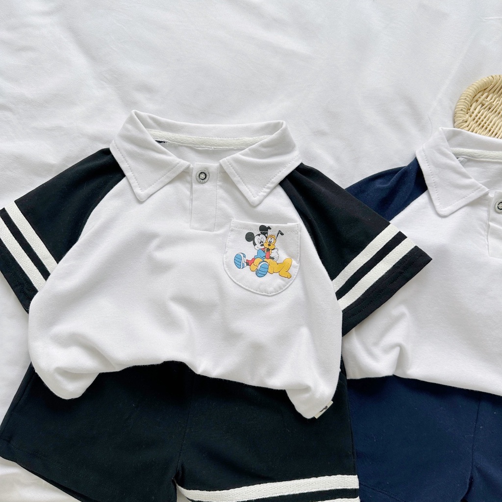 Bộ polo cotton cộc tay phối kẻ Mozi cho bé trai bé gái