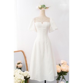 Đầm midi chéo dây cổ form dài 2 màu, váy dự tiệc (kèm hình thật)