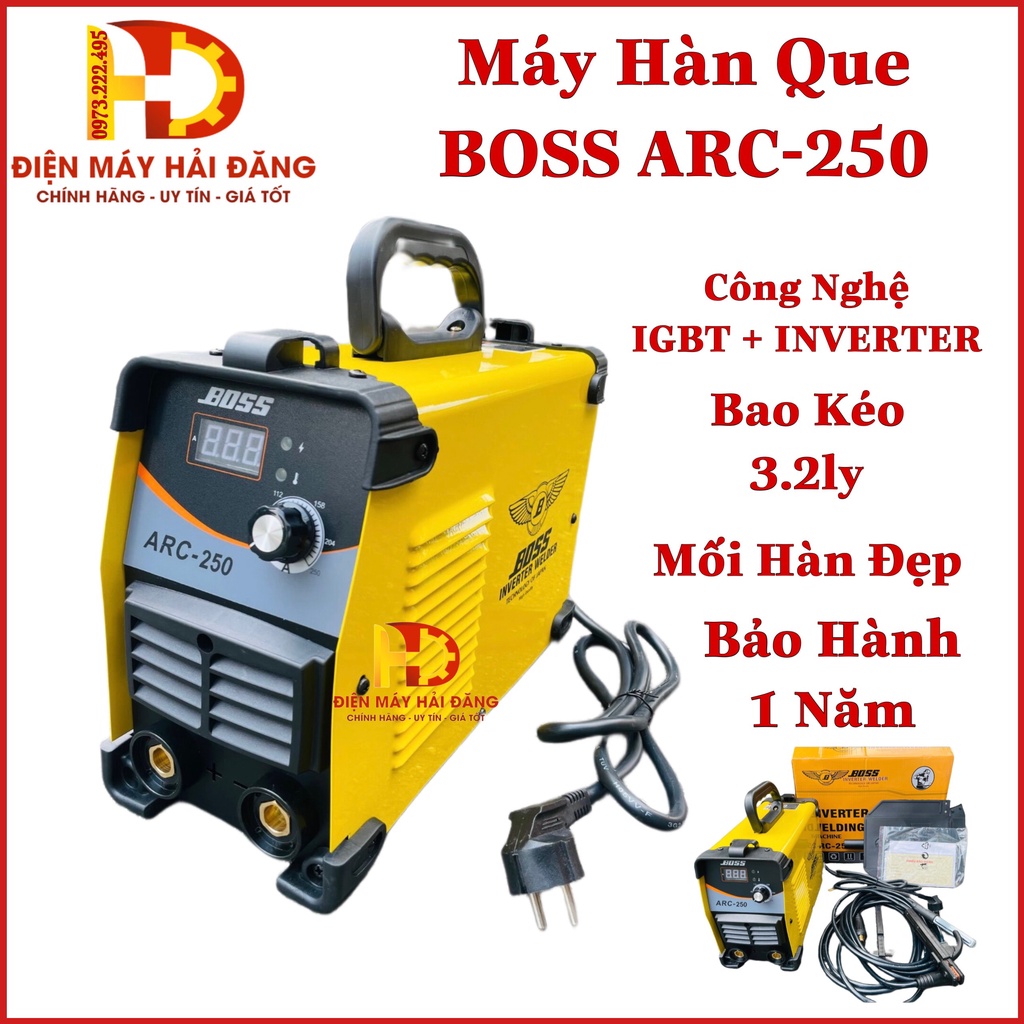 Máy hàn điện tử BOSS ARC 250A | Công suất 250A | Sử dụng que hàn 3,2 - 4.0 ly | Công nghệ Nhật Bản | Bảo hành 18 tháng