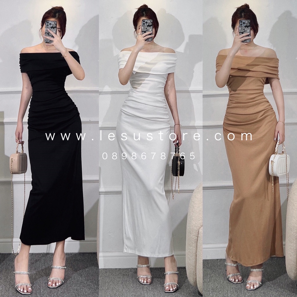 ẢNH TỰ CHỤP Đầm maxi quây vai nhún thun 2 bên LESU