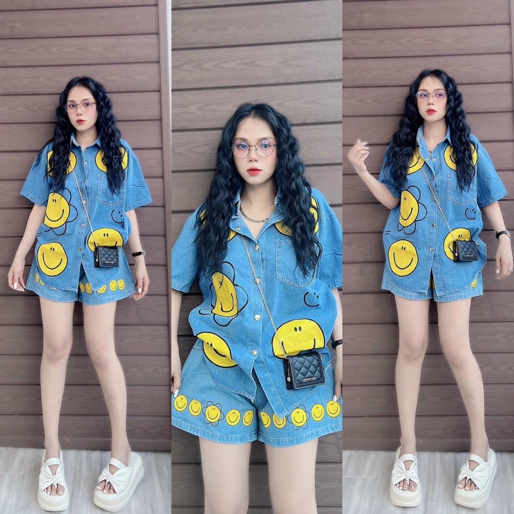 HV- SET ÁO JEAN TAY CON MẶT CƯỜI, QUẦN ĐÙI JEAN::225K