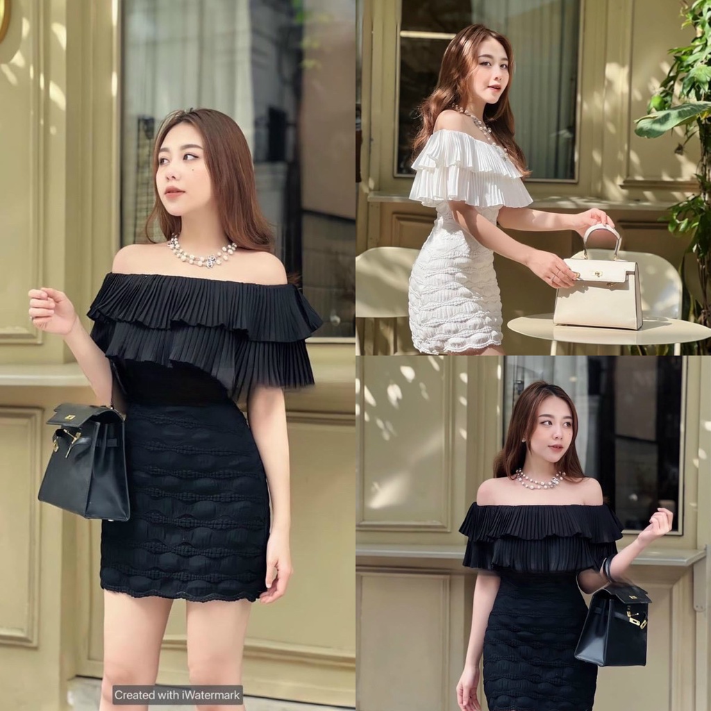 Đầm váy nữ ôm body trễ vai 2 tầng xinh sắn quý phái ( có mút ngực ) phối xốp phồng duyên dáng dự tiệc đi chơi