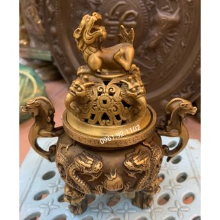 Lư Xông trầm đốt trầm song long nắp ghê bằng đồng, lư đỉnh xông trầm bằng đồng phong thủy tài lộc