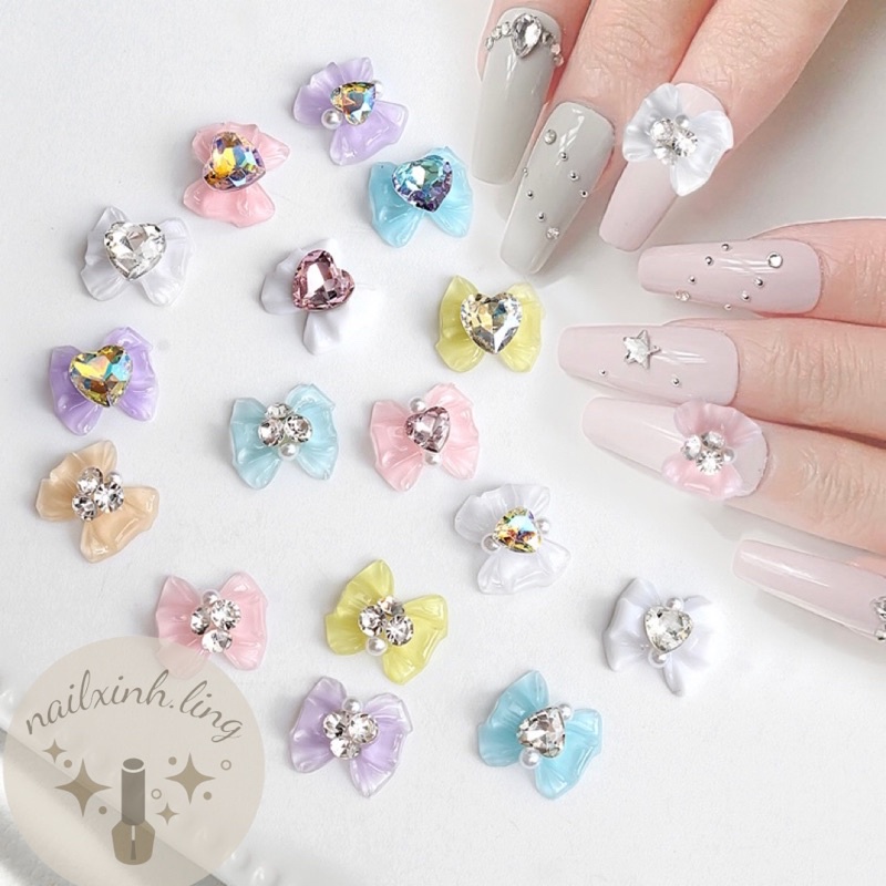 Charm Nơ Nhựa Màu Thạch Kim Tuyến Trang Trí Móng Hàn C9, Phụ Kiện Hạt Ngọc Trai / Nơ / Trái Tim Nhiều Màu Trang Trí Móng