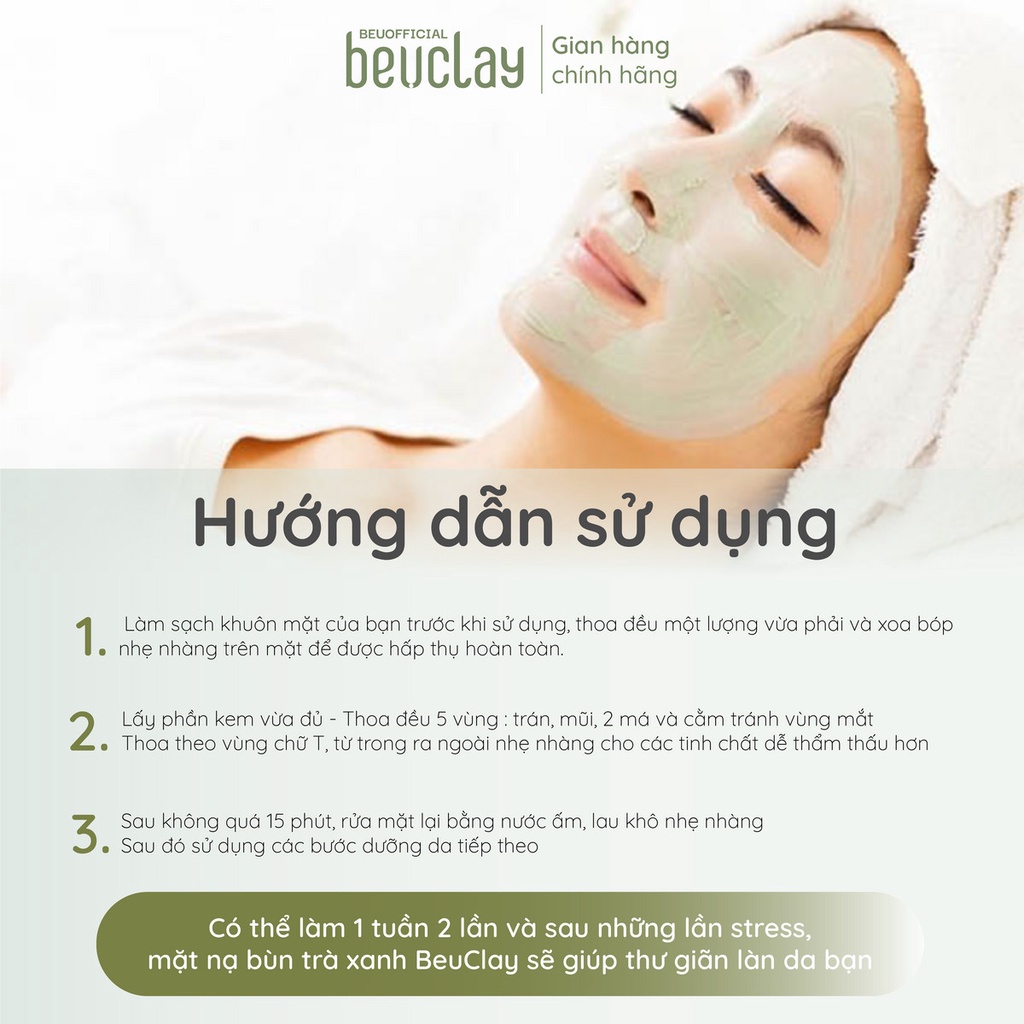 Mặt nạ bùn đất sét BEUCLAY trà xanh sáng da, se khít lỗ chân lông, kiểm soát dầu, ngăn ngừa mụn cám mụn đầu đen