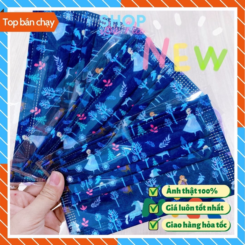Khẩu trang hình dễ thương cho bé và người lớn set 50 cái loại y tế hoạt hình elsa màu xanh cá tính đẹp sắc nét dày dặn