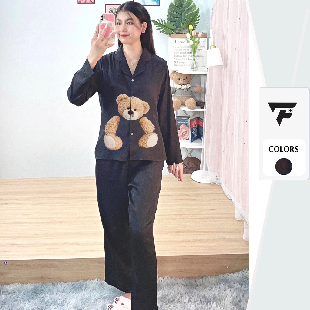 Bộ pijama Tơ Tằm Ánh Kim T4 in hình Gấu cute set đồ mặc nhà tay dài quần dài