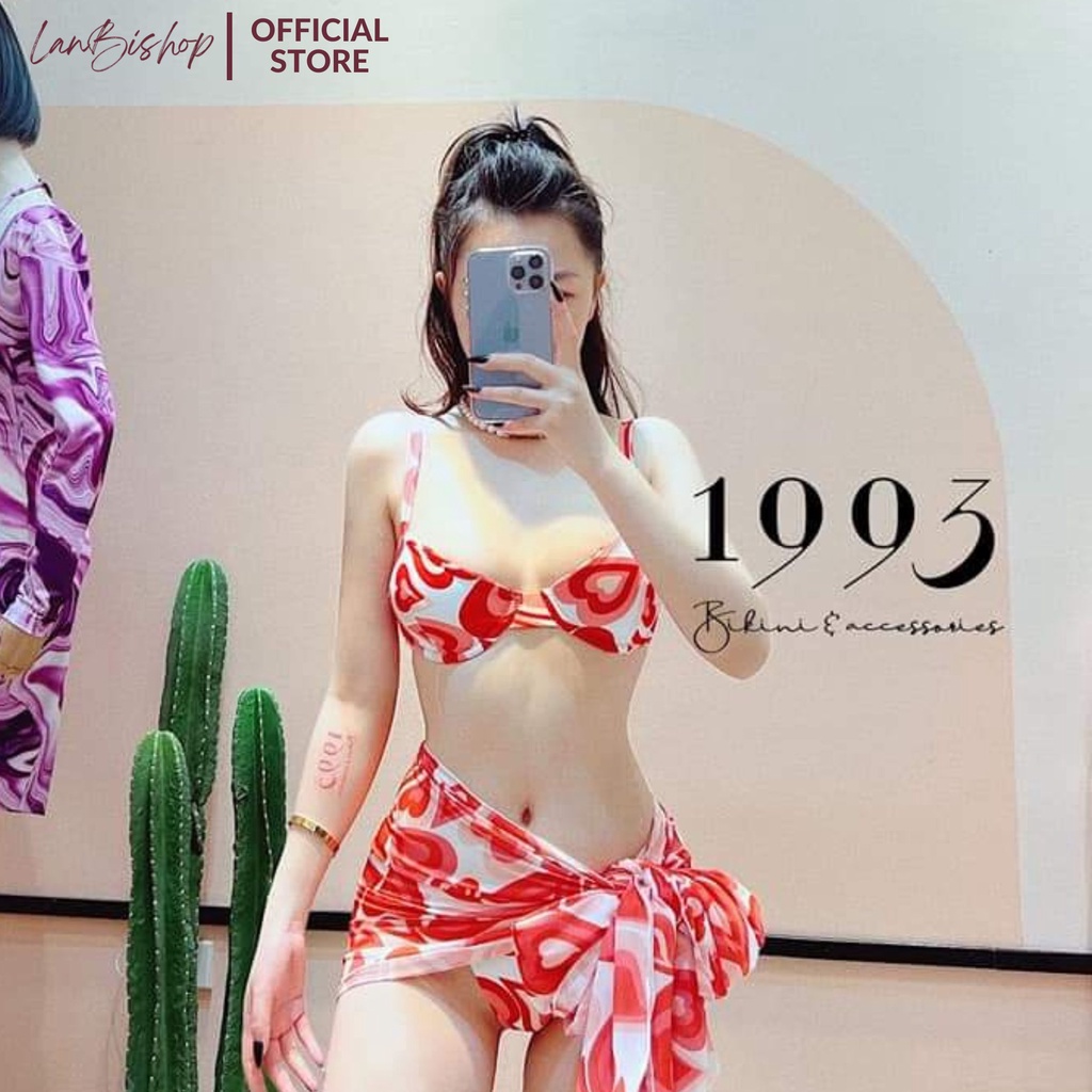 Đồ Bơi Nữ Bikini Lanbishop 3 Món Áo Gọng Nâng Ngực Họa Tiết Tim Hồng Trắng Kèm Khăn Mẫu Mới Sexy Lanbi 111