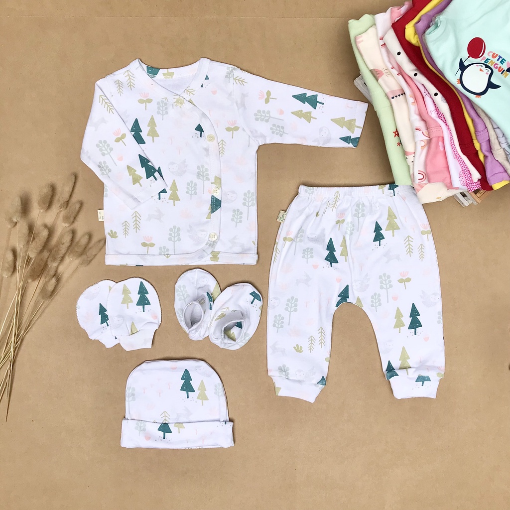 Set 5 chi tiết bộ dài tay sơ sinh cotton cao cấp cho bé sơ sinh 0-3 tháng