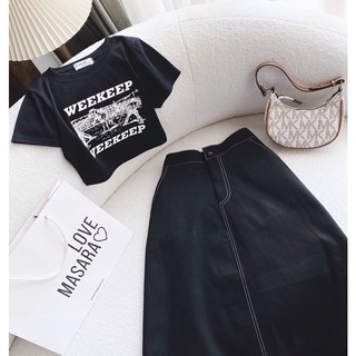 Set crop pull đen chân váy midi jean 15745