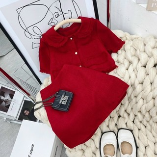 Set áo dạ cổ sen + chân váy bigsize đỏ tưa lai