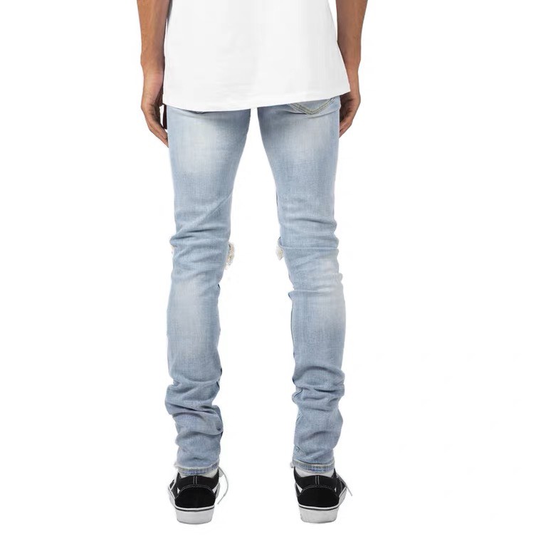 Quần jean nam streetwear cao cấp màu xanh rách gối to form slimfit jean thun co giãn