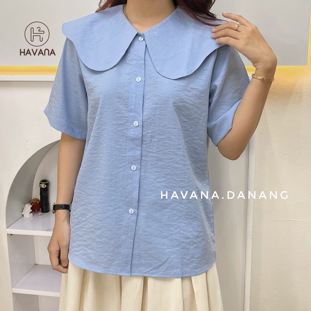 Áo sơ mi ngắn tay form babydoll cổ lá sen freesize phong cách Hàn Quốc HEF25