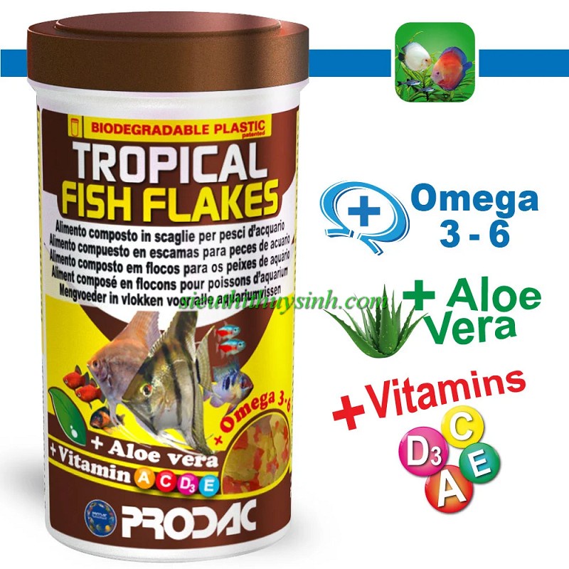 Thức ăn cá Prodac Tropical Fish Flakes 330ml (65g) Italia - Dạng lá phổ rộng
