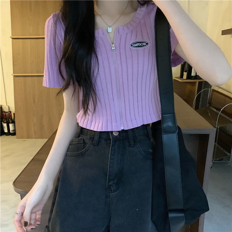 Áo Dệt Kim Tay Ngắn Phối Khóa Kéo Thời Trang Mùa Hè Cho Nữ