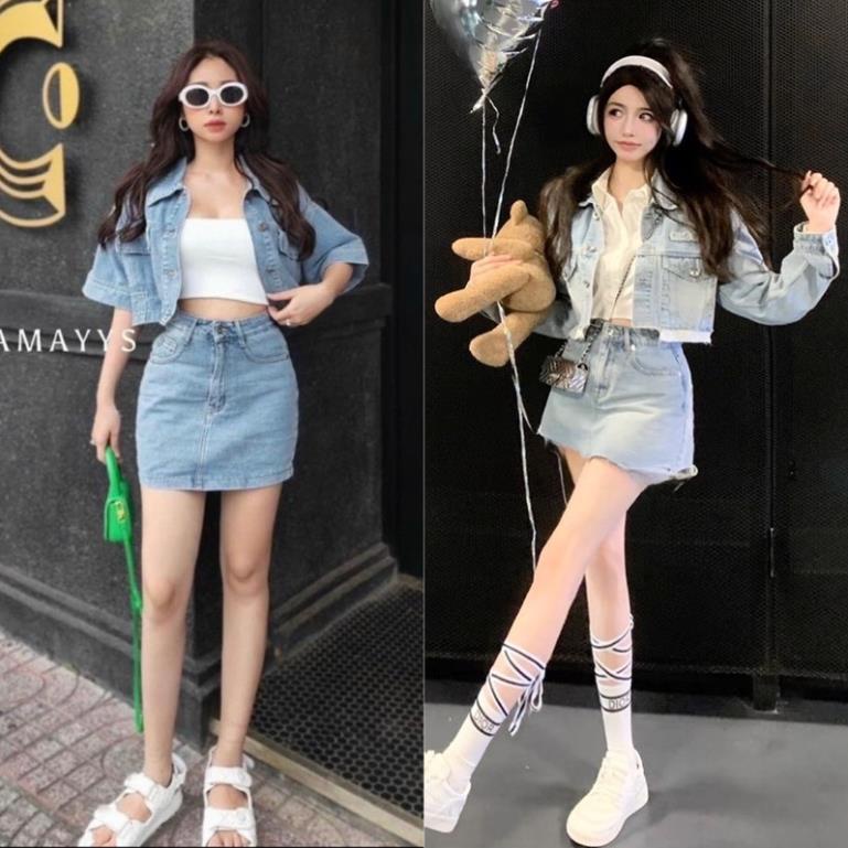SET JEAN 3 MÓN: ÁO KHOÁC TAY NGẮN/ DÀI + CROPTOP / SƠ MI TRẮNG + CHÂN VÁY vani