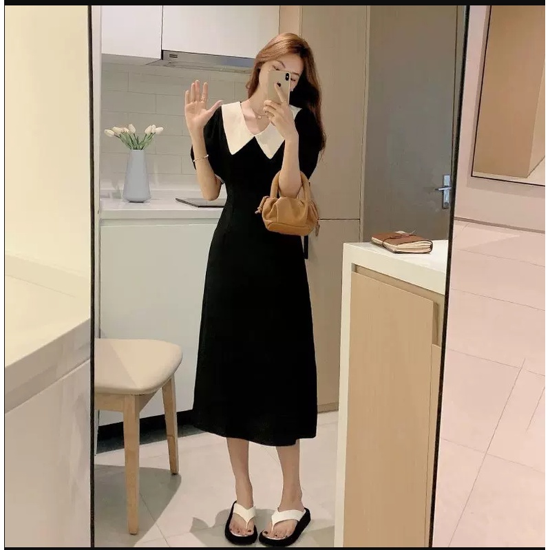 Đầm nữ xinh thiết kế dáng suông dài màu đen kết hợp cổ màu trắng phong cách thanh lịch