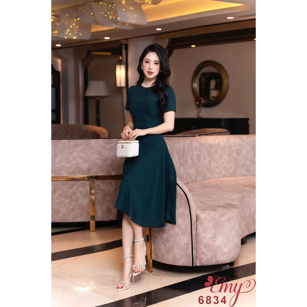 Đầm EMY EM6834 Xoè Xanh Cổ Tròn