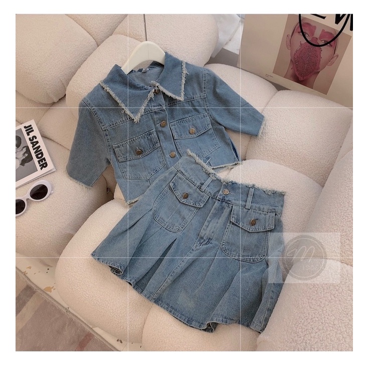 Set áo sơ mi croptop + chân váy jean xoè hàng QCL1