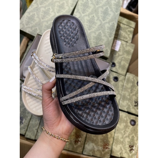 Dép SanDal đế bằng 2 quai ngang nữ đính đá cao cấp, đế cao 4cm, dép quai hậu đi chơi, đi học siêu kute