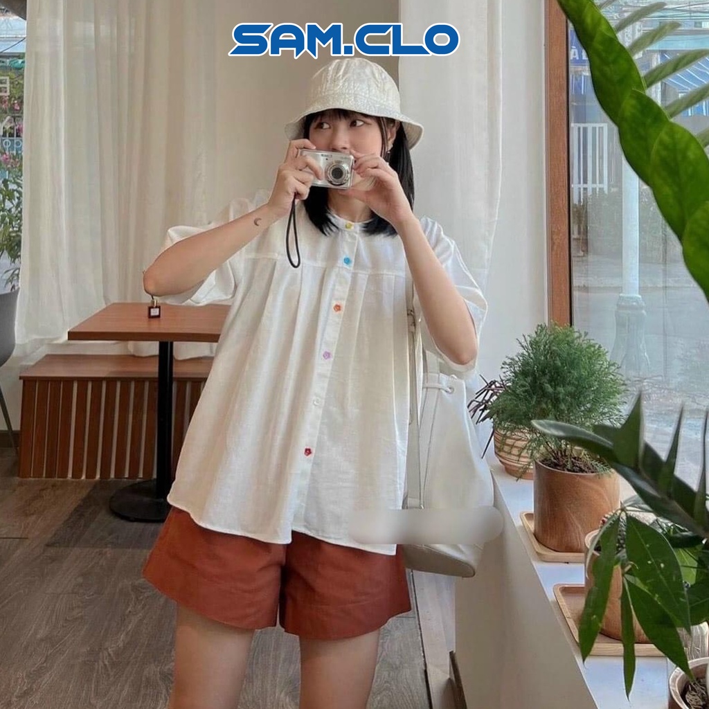 Set đồ bộ nữ SAM CLO freesize mặc nhà áo kiểu tay lỡ + quần kaki họa tiết BỐN NÚT MÀU